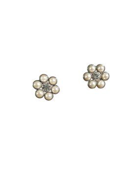 Flower Shaped Stud Earrings Faux Pearl Rhinestone Silver Tone Classic Elegant Je